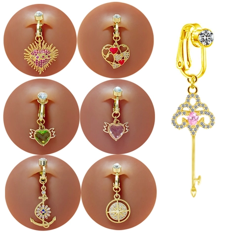 Elegant Copper Rhinestone Non-Piercing Belly Ring Heart Anchor Key Shape Clip On Navel Jewelry Gold Plated Sexy Body Accessories For Women