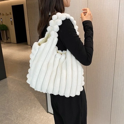 Plüsch Tote Bag Kunstfell Schultertasche Vertikal Gestreift Bubble Griff Große Kapazität Winter Trendy Damen Tasche