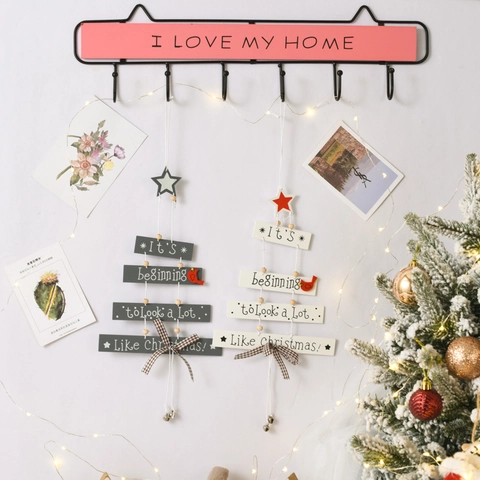 Decorazione Da Appendere In Legno Per Albero Di Natale Con Uccello Rosso Fiocco A Quadri Lettere Perline Campanello In Metallo