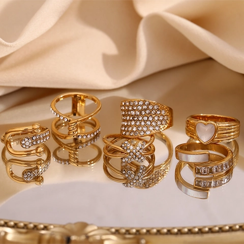 Anello In Acciaio Inossidabile Per Donna Placcato Oro Micro Intarsiato Strass Geometrico Cuore Fibbia Gioielli Chic