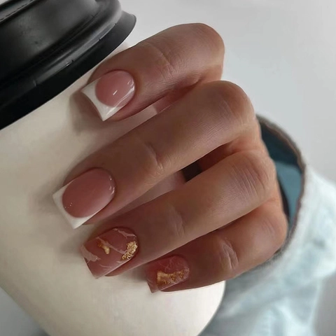 White French Tip Press On Nails Short Square Round Artificial Nails With Marble Pattern Gold Foil Decor For Women