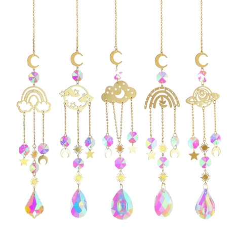 Attrape Soleil Cristal Prisme Décoration Fenêtre Métal Doré Lune Étoile Planète Arc-en-Ciel Décor de Jardin Style Boho