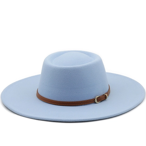 Wool Felt Fedora Hat Flat Top Wide Brim Vintage Unisex Outdoor Panama Boater Hat With Leather Belt Buckle Decoration