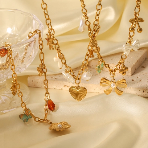 Collier Multi Pendentifs En Acier Inoxydable Plaqué Or Avec Nœud Papillon Cœur Papillon Künstliche Perle Bijoux Pour Femmes Style INS