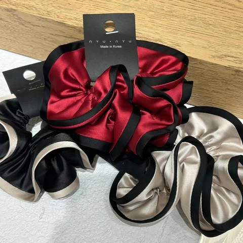 Oversized Satin Scrunchie With Contrast Color Piping Vintage Satin Like Hair Ties Large Elastic Ponytail Holder For Women