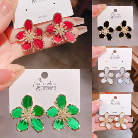 Floral Stud Earrings With 925 Sterling Silver Earring Post Copper Zircon Enamel Elegant Korean Style Jewelry For Women
