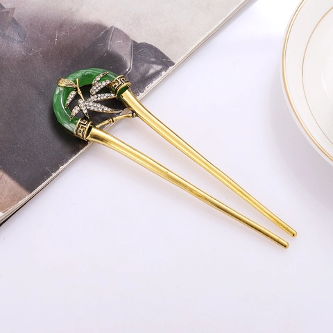 Pic À Cheveux En Alliage En Forme De U Avec Anneau En Jade Vert Et Feuille De Bambou Avec Strass Style Chinois Vintage