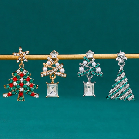 Christmas Tree Earrings Alloy Multi Color Rhinestone Artificial Pearl Dangle Drop Festive Holiday Party Jewelry For Women