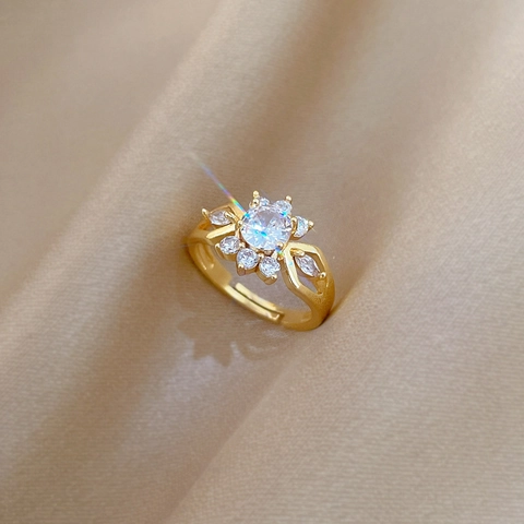 Anello Fiore Zirconia Rame Placcato Oro Raggi Di Sole Regolabile Gioielli Eleganti Donne Ornamento Scintillante
