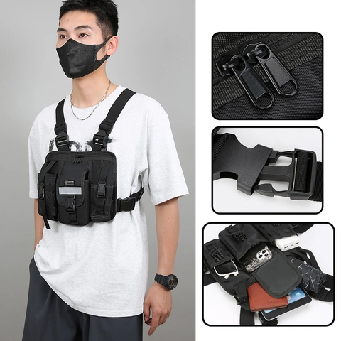 Borsa Da Petto Tattica Oxford Nylon Tasche Multiple Striscia Riflettente Gilet Regolabile Sport All Aperto Uomo Nero