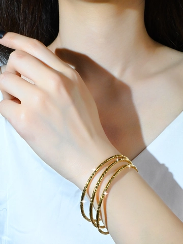Bohemian 24K Gold Plated Brass Textured Bangle For Women Fashion Geometric Round Thin Bracelet Jewelry For Wedding Daily Gift