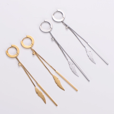 Orecchini Lunghi Con Nappe E Piume Acciaio Inossidabile Placcato Oro 18K Strass Pendenti Gioielli Moda Donna