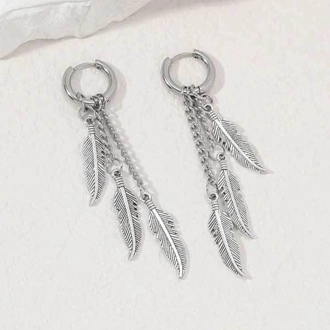Edelstahl Feder Hängeohrringe Mit Dreifacher Kette Quaste Punk Vintage Stil Für Damen Herren