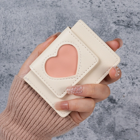 Damen Mini Portemonnaie PU Leder Herz Ausschnitt Kartenhalter Kompakt Druckknopf Tragbare Geldbörse Mode Accessoire