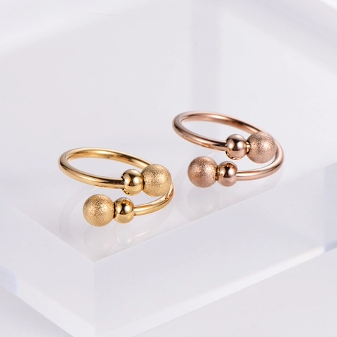 Adjustable Open Ring 304 Stainless Steel Geometric Frosted And Polished Double Beads Fashion Jewelry For Women