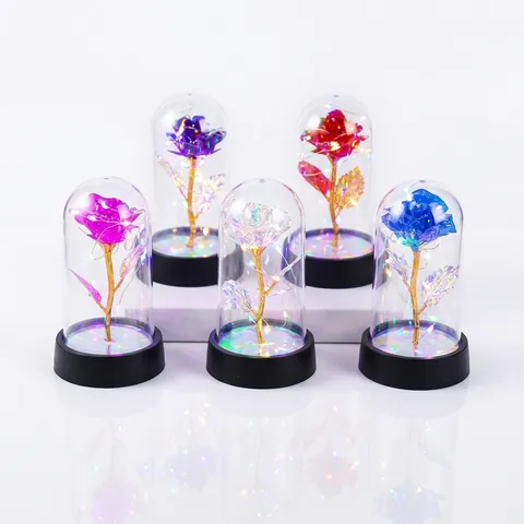 LED Artificial Gold Foil Rose In Dome Iridescent Reflective Eternal Flower Night Light Home Desktop Decor Valentine Gift