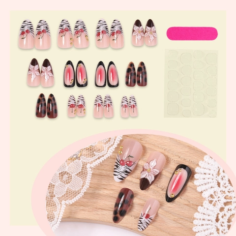 Press On Nails Almond Shape With 3D Flower Zebra Print Leopard Pattern Gradient French Style False Nails For Women