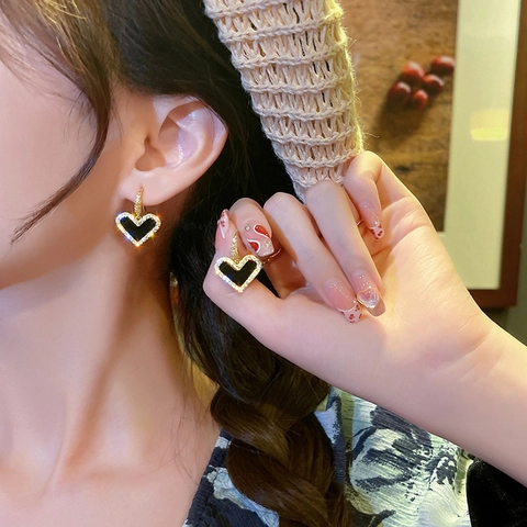 Herz Ohrhaken Ohrringe Kupfer Zirkon Legierung Straß Emaille Vintage Stil Für Damen Silberner Ohrstecker