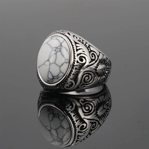 Vintage Men Stainless Steel Ring With Oval Gemstone Retro Engraved Floral Pattern Punk Ethnic Style Fashion Jewelry