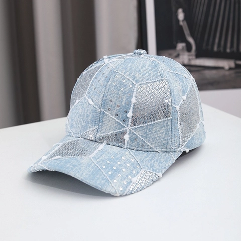Mode Damen Pailletten Denim Baseballkappe Glänzend Geometrisches Muster Baumwolle Gewaschen Verstellbar Sonnenhut Streetwear
