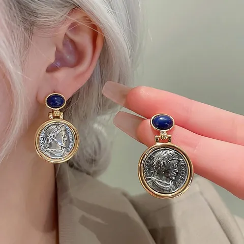 Orecchini Pendenti Con Ritratto Di Moneta Romana Vintage Con Pietra Blu E Perno In Argento Gioielli Stile Medievale Francese Donna