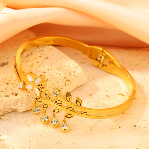 Elegante Bracciale Rigido In Acciaio Inossidabile Con Farfalla E Foglia Per Donna Placcato Oro Con Strass Gioielli Di Moda