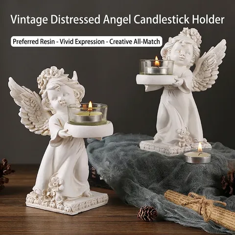 Angel Candle Holder Statue Retro Resin Distressed European Style Tabletop Decor Glass Cup Romantic Atmosphere