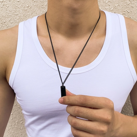 Black Rectangle Pendant Necklace Men Minimalist Geometric Alloy Iron Dog Tag Shape Trendy Fashion Jewelry Accessory
