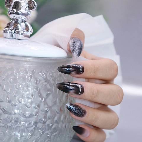 Press On Nägel Stiletto Katzenauge Marmor Tinte Glitzer Kleber Stil Schwarz Silbergrau Dunkel Cool Ästhetik Für Frauen