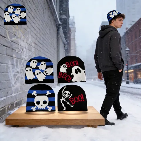 Knitted Beanie Hat Acrylic Halloween Skull Ghost Jacquard Pattern Warm Winter Streetwear Hip-Hop Unisex Accessory