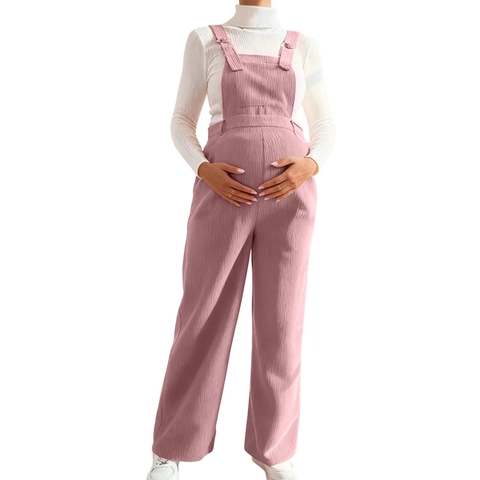Umstands-Latzhose Cord Rosa Hohe Taille Bauchstütze Verstellbare Träger Lockerer Overall Schwangerschaft Bequem