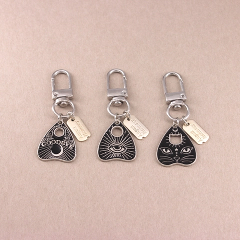 Punk Goth Zinc Alloy Keychain Ouija Board Planchette Black Heart Cat Bat Eye Mysterious Pendant Hanging Jewelry Gift