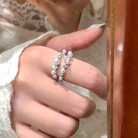 Doppelschichtige Künstliche Perle Offener Ring Zirkonia Unregelmäßig Verstellbarer Modeschmuck Für Frauen Koreanischer Stil Luxus