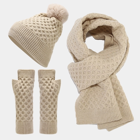 Ensemble Bonnet Écharpe Et Gants Sans Doigts en Maille Acrylique Épaisse pour Femmes Motif Nid d'Abeille Pompon Hiver