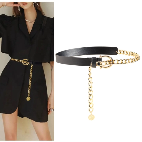 Women Fashion PU Leather Belt With Multi Layer Alloy Chain And Coin Pendant Decorative Waist Belt For Dresses