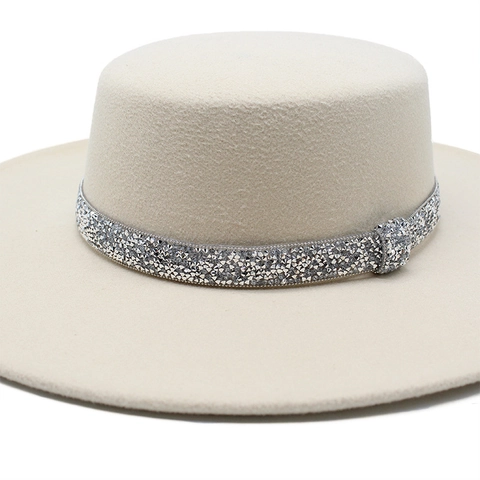 Elegant Boater Hat Wide Brim Flat Top Jazz Fedora With Rhinestone Band Cotton Polyester For Party Travel Unisex