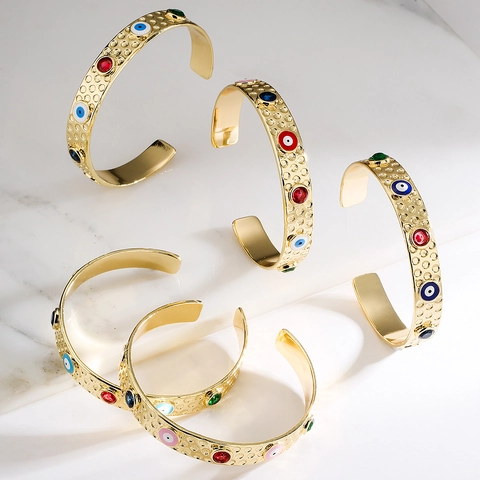 Boze Oog Open Armband Koper Verguld Zirkoon Emaille Boheems Geometrische Manchet Voor Dames