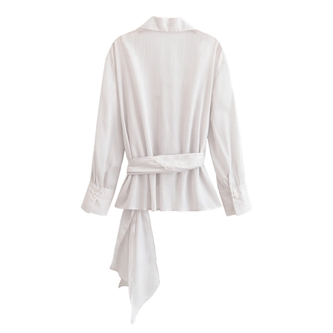 Damen Gestreifte Bluse Wickelshirt Bindegürtel Langarm Revers V-Ausschnitt Polyester Lässig Büro Mode Elegante Oberteile