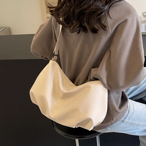 Minimalist Nylon Hobo Shoulder Bag Large Capacity Casual Crossbody Bag With Adjustable Wide Strap Solid Color For Women
