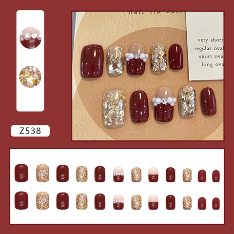 Faux Ongles Bordeaux Rouge Pailleté Künstliche Perle Strass Court Carré Rond Nouvel An Style Salon