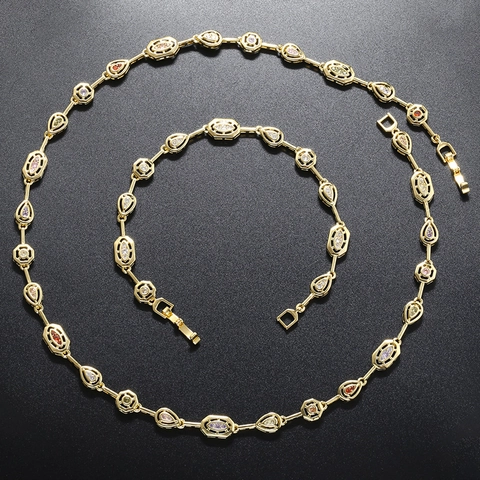Vintage Copper Zirconia Jewelry Set For Women Irregular Geometric Link Necklace Bracelet Colorful Zircon Jewelry Fashion Accessory