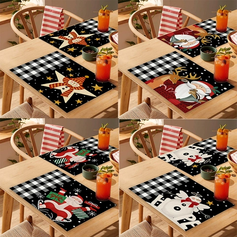 Christmas Placemat Cotton Linen Polyester Heat Resistant Non Slip Waterproof Nordic Santa Claus Reindeer Table Mat Decoration