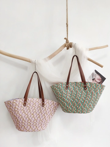 Colorful Hand-Woven Paper Straw Tote Bag Large Capacity Beach Vacation Shoulder Handbag With Faux Leather Handles