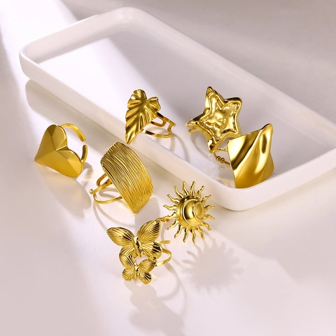 Verstelbare Open Ringen Voor Dames Roestvrij Staal Goud Verguld Hart Vlinder Zon Maan Ster Geometrische Sieraden