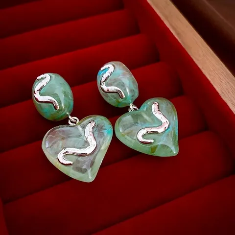 Retro Heart Drop Earrings With Silver Earring Post Acrylic Resin Wavy Copper Inlay Elegant Fashion Jewelry For Women