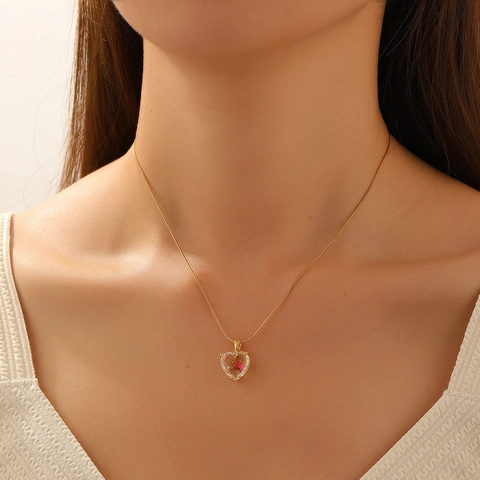 Red Heart Pendant Necklace Gold Plated Stainless Steel Chain Copper Transparent Crystal Sweet Jewelry For Women