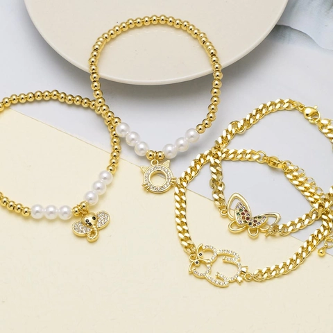 Moda Rame Placcato Oro Zirconia Farfalla Gufo Elefante Ciondolo Animale Bracciale Per Donna Gioielli Perla Artificiale