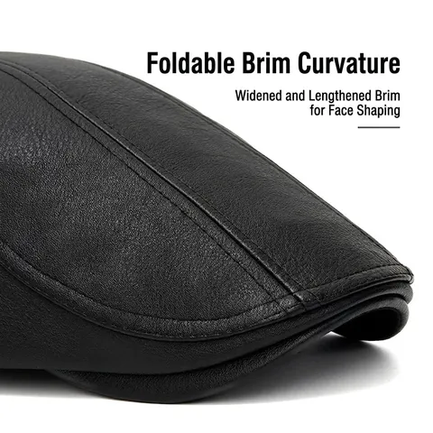 Men's PU Leather Flat Cap Adjustable Waterproof Autumn Winter Warm Vintage Ivy Newsboy Beret Hat