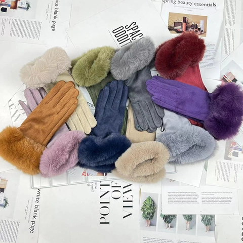 Women Winter Gloves Faux Suede Faux Fur Cuffs Touch Screen Thermal Windproof Elegant Cold Weather Outdoor Accessory