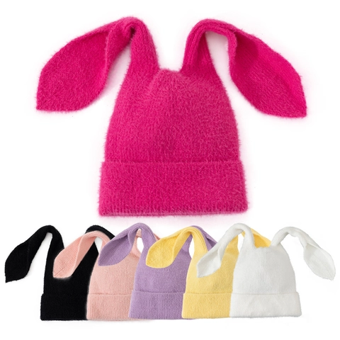 Süße Hasenohren Beanie Mütze Lange Kaninchenohren Plüsch Strick Winter Warm Winddicht Weich Kawaii Kopfbedeckung Damen